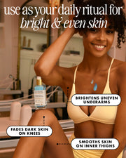 A smiling woman in a yellow bikini sits indoors, highlighting smooth skin. Text promotes Truly Beauty's Jelly Booster Pigment Body Potion with pomegranate extract to brighten underarms, fade dark knees, and smooth inner thighs. The product bottle is visible.