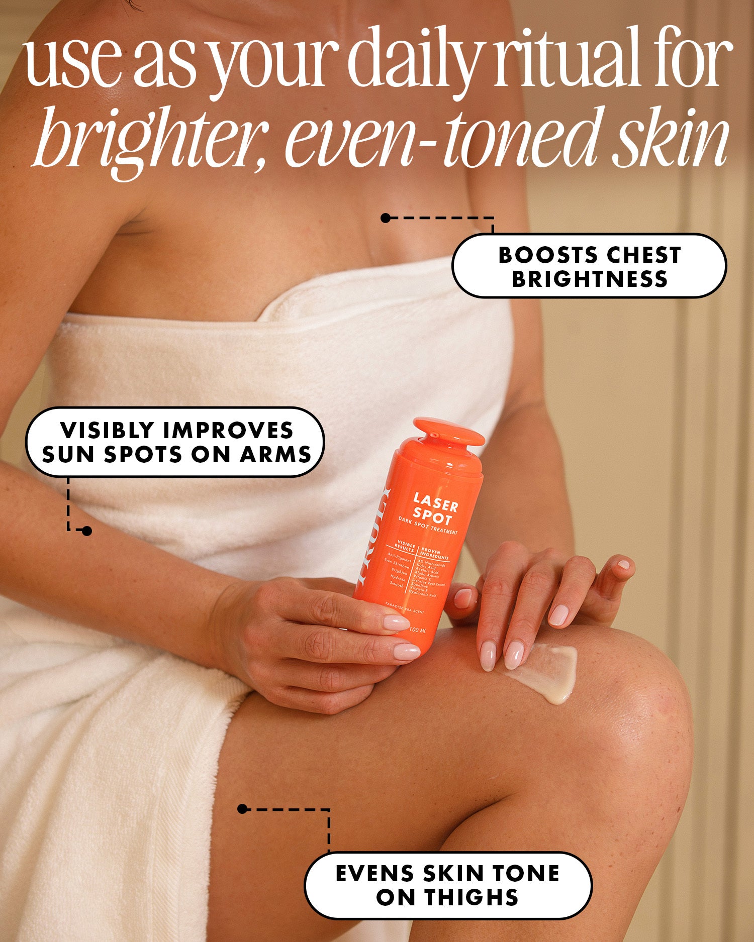 Person applying a skincare product to their arm with text highlighting benefits on a neutral background
