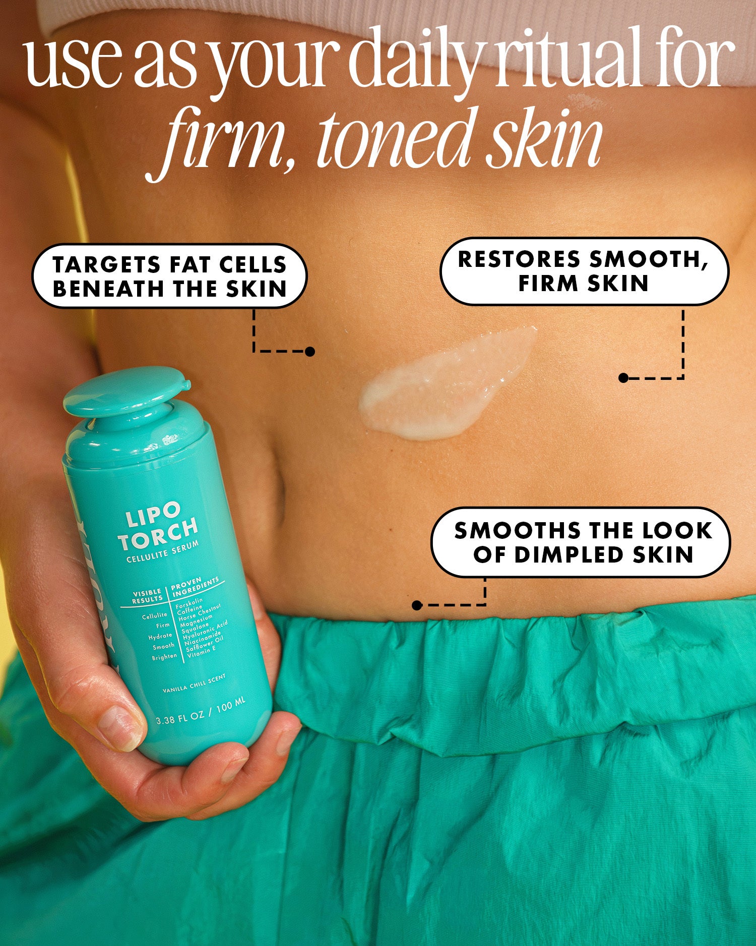 Teal bottle labeled 'Lipo Torch' held by a person, with text about skin care benefits on a blurred background.