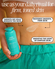Teal bottle labeled 'Lipo Torch' held by a person, with text about skin care benefits on a blurred background.