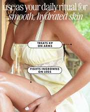 A woman in a pale yellow dress with smooth skin sits, one knee raised. Truly Beauty’s Smooth Legend After Shave Serum treats Keratosis Pilaris, fights ingrowns, and banishes strawberry skin for hydrated, silky results.