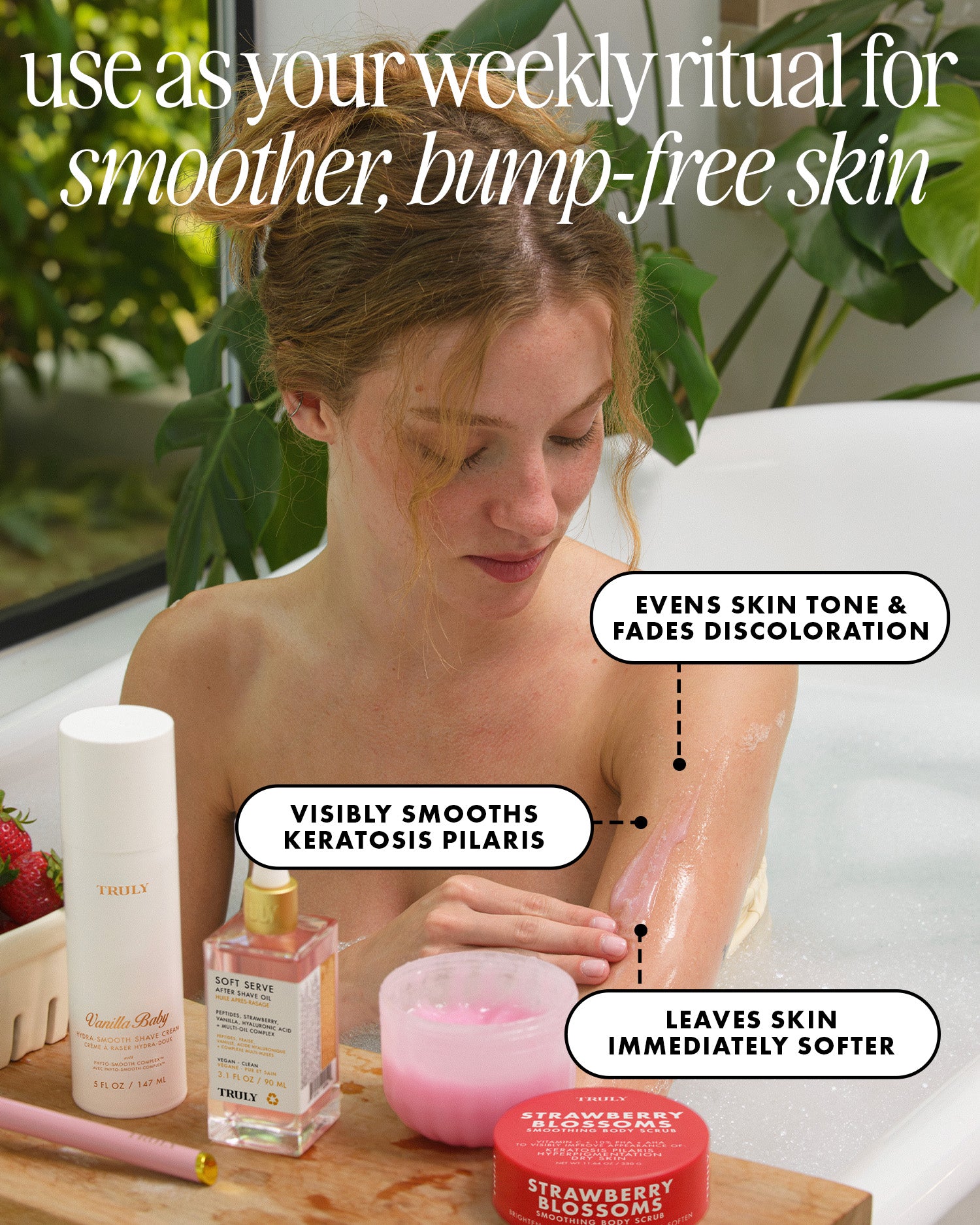 A woman sits in a bathtub surrounded by skincare products, with text callouts describing benefits of the skincare routine. Visible products include a white bottle labeled Tula's, a pink jar, and a red Strawberry Blossoms cream.