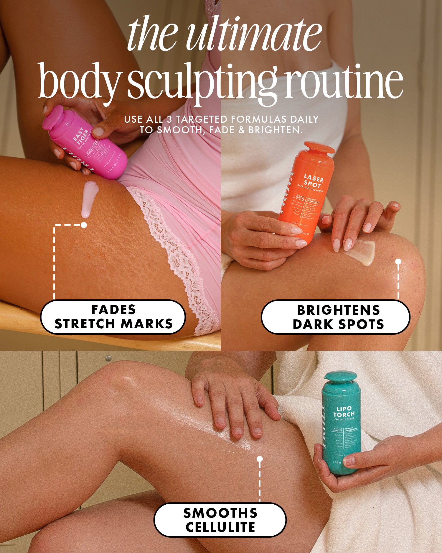 Three panels from the Truly Beauty Ultimate Body Sculpting Kit showing products being applied to skin: one bottle fades stretch marks, one targets dark spots, and one smooths cellulite.