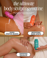 Three panels from the Truly Beauty Ultimate Body Sculpting Kit showing products being applied to skin: one bottle fades stretch marks, one targets dark spots, and one smooths cellulite.