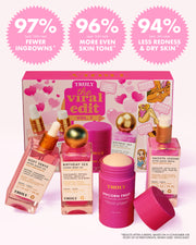The Viral Edit by Truly Beauty features pink, heart-adorned packaging and includes three niacinamide dropper bottles for brightening, a whipped body butter, and a cream—plus stats highlighting positive user results.