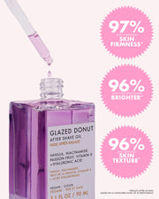 A dropper dispenses purple oil into a clear bottle labeled Glazed Donut After Shave Oil by Truly Beauty. Pink stars highlight: 97% saw firmer skin, 96% saw brighter skin, and 96% noticed more hydrated, smoother skin after shaving.