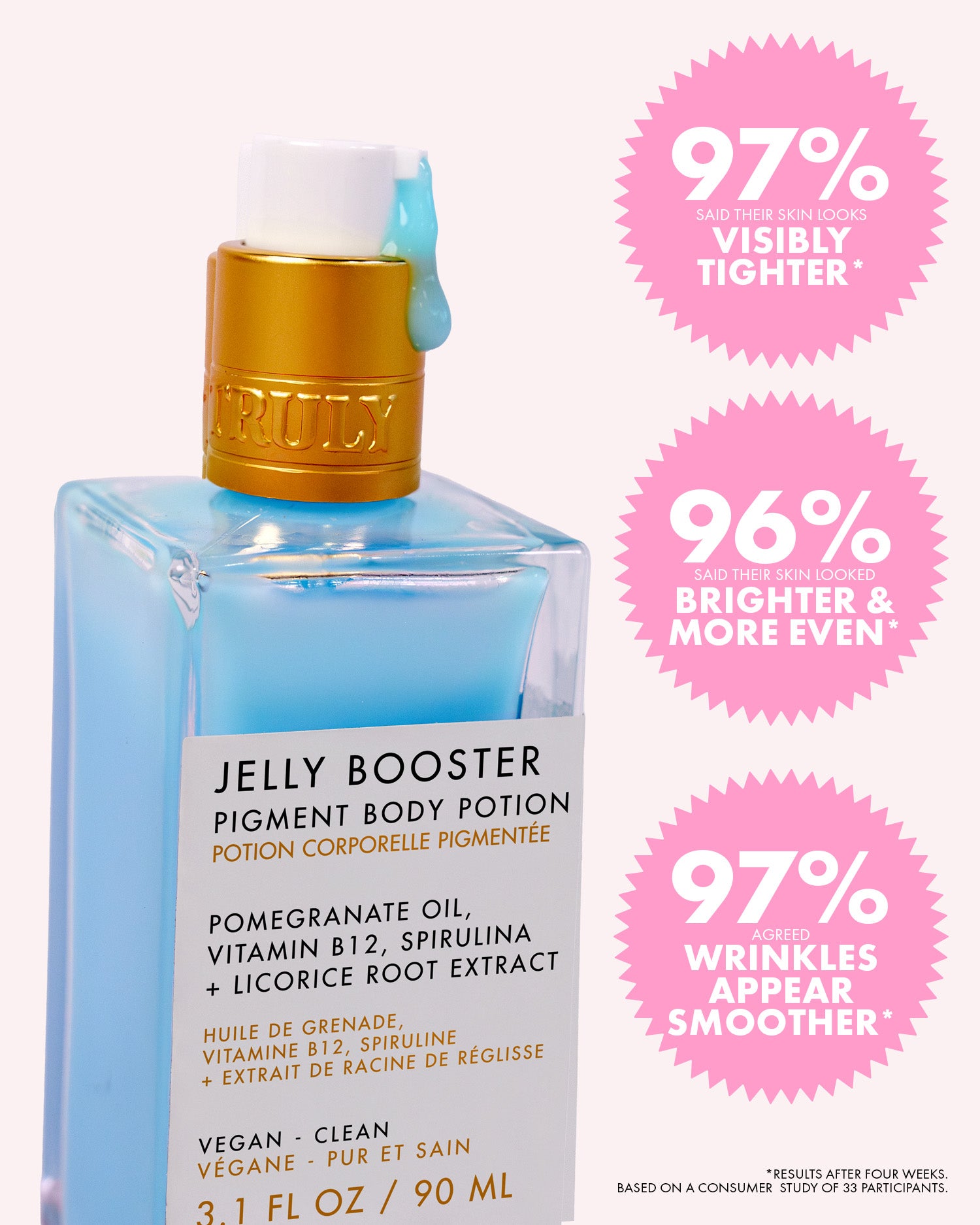 A blue bottle of Truly Beauty’s Jelly Booster Pigment Body Potion features a gold pump and blue product on top. Pink badges highlight its skin-tightening, brightening, and wrinkle-smoothing benefits, making it a top-rated hyperpigmentation serum.