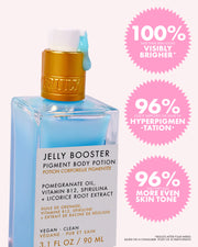 A blue bottle of Truly Beauty’s Jelly Booster Pigment Body Potion, a pomegranate serum with a white dropper cap, is shown with pink circles reading: 100% visibly brighter, 96% lighten hyperpigmentation, and 96% more even skin tone.
