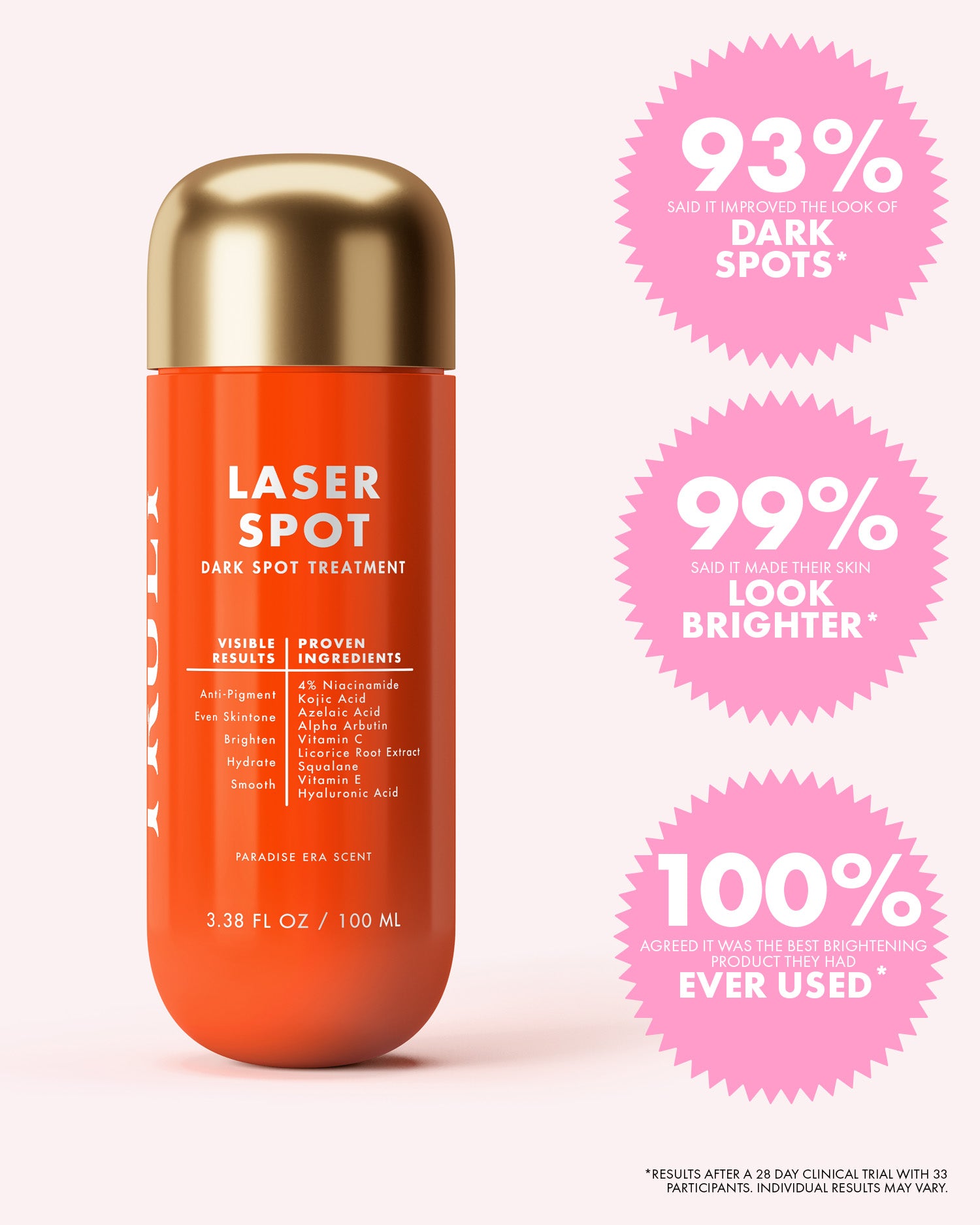 Laser Spot dark spot treatment bottle with effectiveness claims on a white background