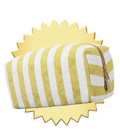 Yellow and white striped pouch with a sunburst design on a white background