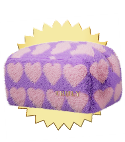 Purple cylindrical plush toy with pink hearts and a yellow sunburst design on a white background