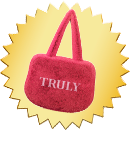 Pink pouch with 'TRULY' text on a yellow starburst background