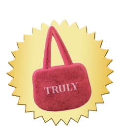 Pink plush handbag with 'TRULY' text on a yellow starburst background