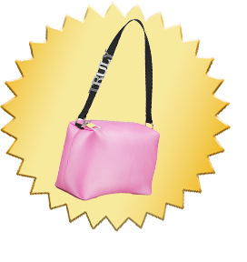 Pink handbag with a black strap on a yellow starburst background
