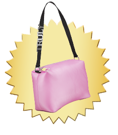 Pink handbag with a black strap on a yellow starburst background