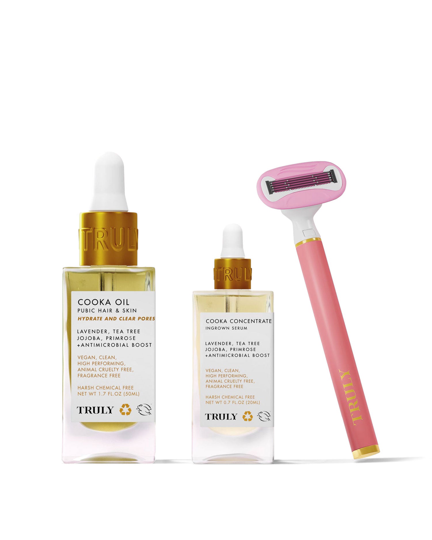 The Truly Beauty Cooka Set features two labeled dropper bottles and a double-bladed razor—ideal for your bikini line—arranged against a soft pink background.