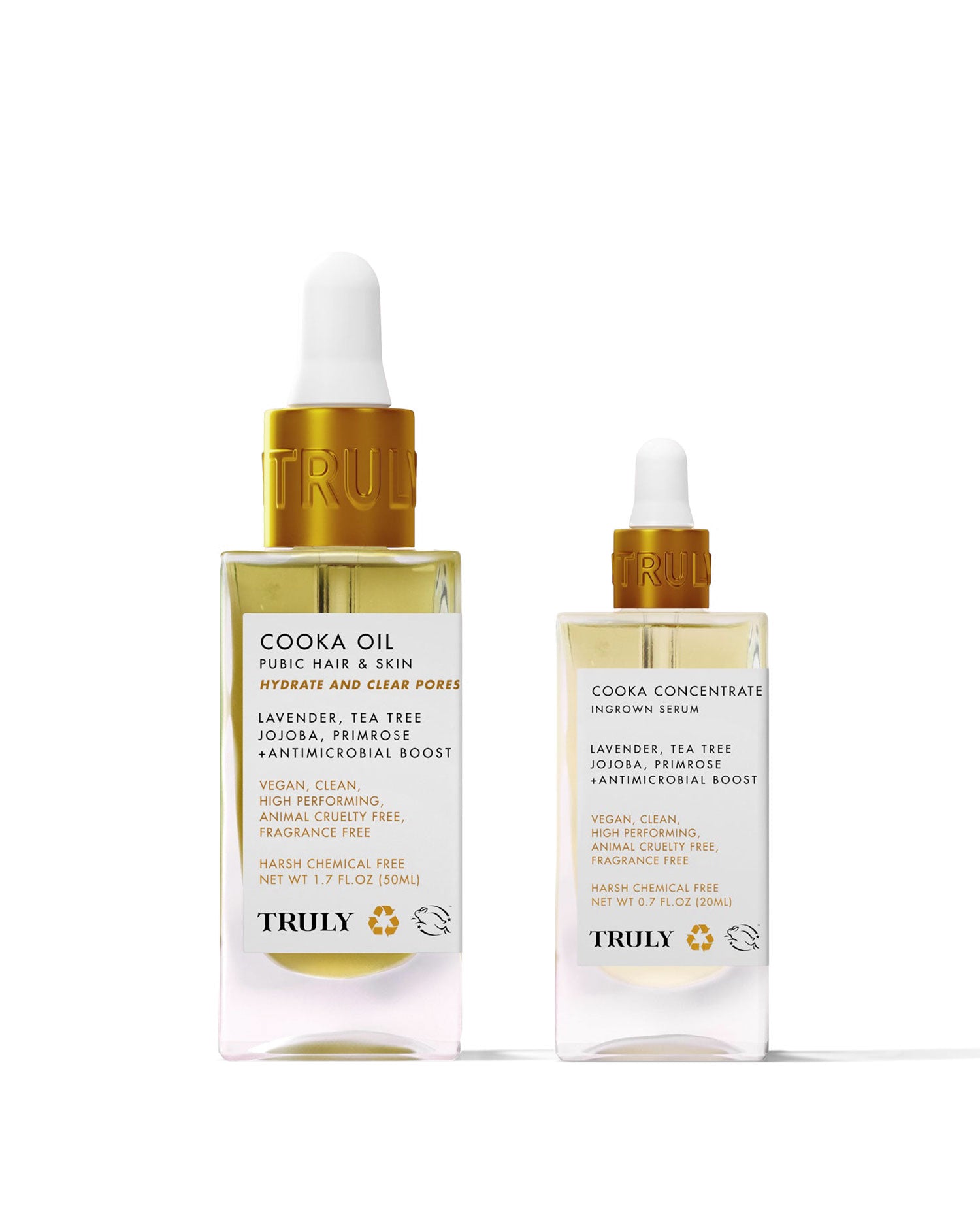 Truly Beauty’s Cooka Routine includes two glass dropper bottles designed for pubic hair care, featuring antimicrobial ingredients like tea tree and lavender to help soothe ingrowns and nourish sensitive skin.