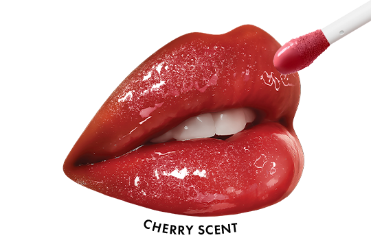Truly Lip Oil gives lips a glossy pink finish and sparkling shine on the upper lip, revealing white teeth. The background is transparent.