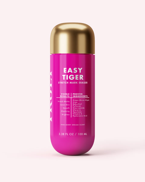 Pink bottle with gold cap labeled 'Easy Tiger' on a white background