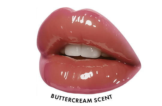 Glossy pink lips, slightly parted to reveal white teeth, shine with a reflective finish, suggesting they’re coated in Truly Lip Oil.