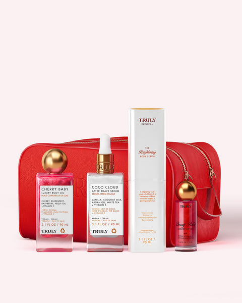 Truly skincare products including a red bag on a white background