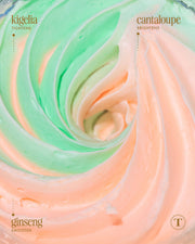 Swirled pastel cream in green, orange, and white shades represents Truly Beautys Nice Melons Boob Polish. Text highlights its benefits: kigelia tightens neck, cantaloupe brightens, ginseng smooths. A gold letter T appears in the lower right corner.