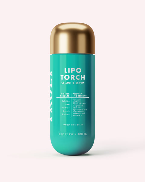 Lipo Torch cellulite serum bottle with gold cap on a white background