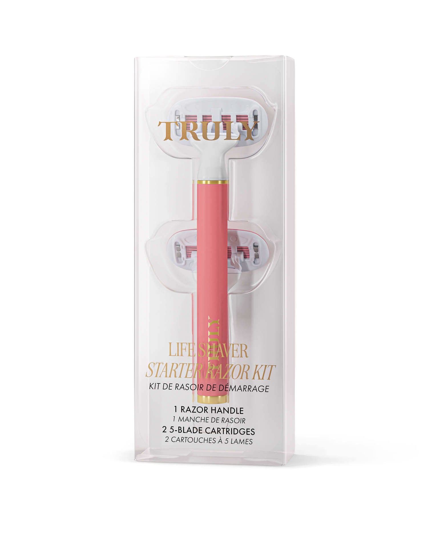 The Truly Beauty Life Shaver Starter Razor includes a pink and gold razor handle plus two 5-blade cartridges with aloe for sensitive skin, all packaged in a clear box.