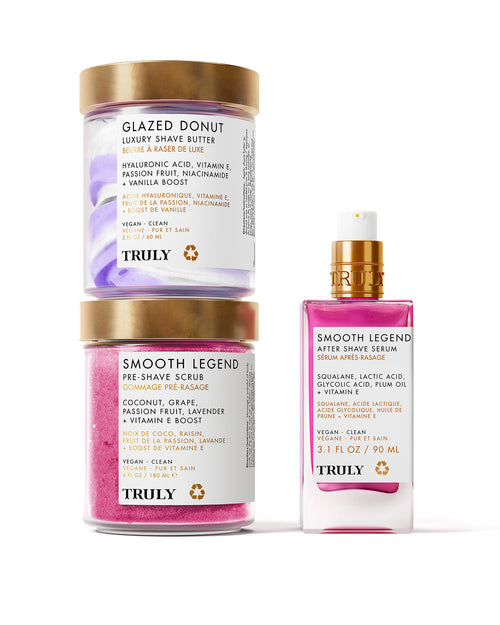 Truly Beautys Smooth Legend Shave Routine features two pink jars—Glazed Donut on top, Smooth Legend below—and a rectangular Smooth Legend bottle for an irritation-free routine and super-smooth skin.