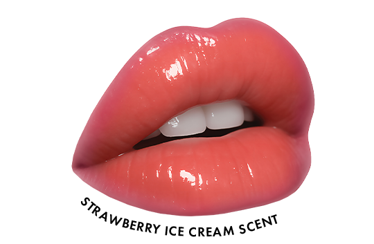Glossy pink lips, smooth and well-moisturized with Truly Lip Oil, part slightly to reveal white teeth, giving a shiny, polished look.