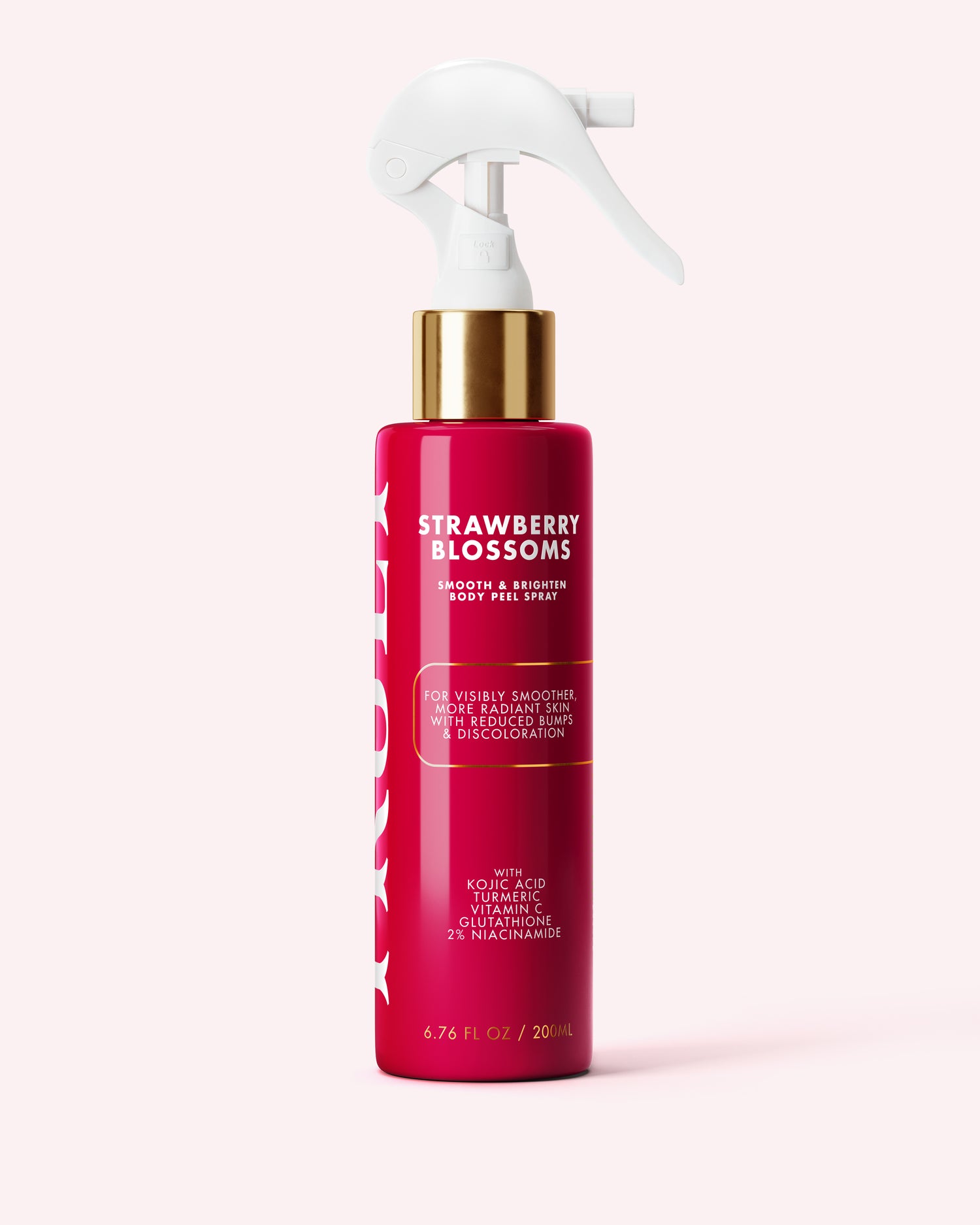 A red spray bottle labeled “Strawberry Blossom Smooth & Brighten Body Peel Spray” by Truly Beauty, featuring gold and white accents, sits on a light pink background. The label highlights benefits such as smoother skin, reducing dark spots, and targeting keratosis pilaris with kojic acid.