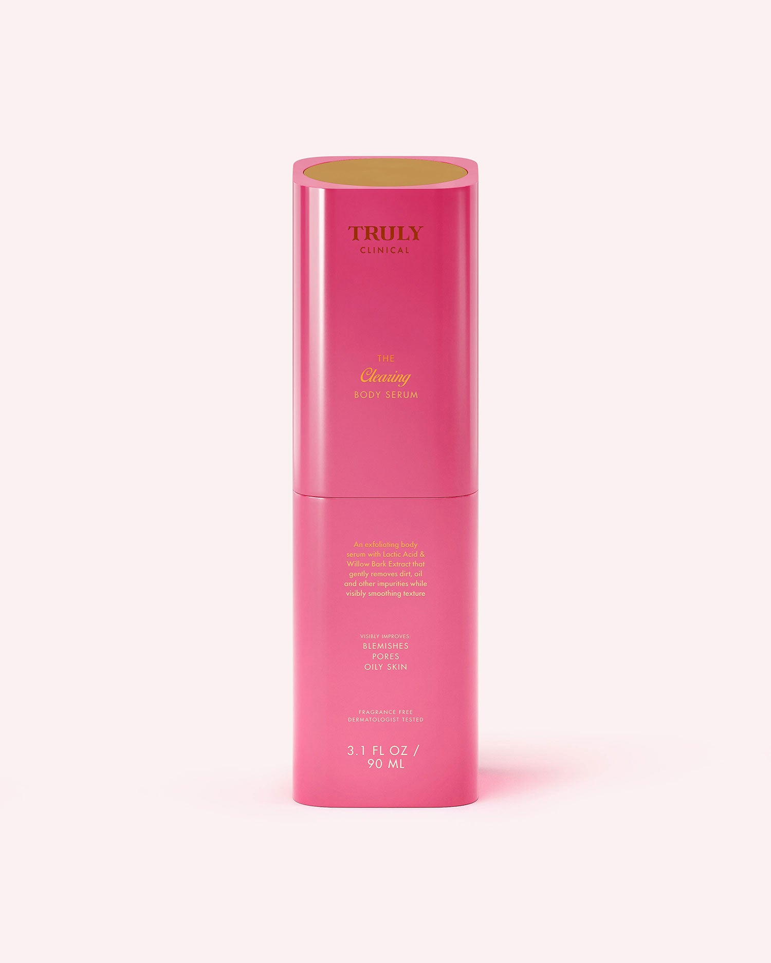 A tall, cylindrical pink bottle of Truly Beauty The Clearing Body Serum (3.1 fl oz/90 mL), designed to target large pores and body acne, features gold and yellow text and is displayed against a pale pink background.