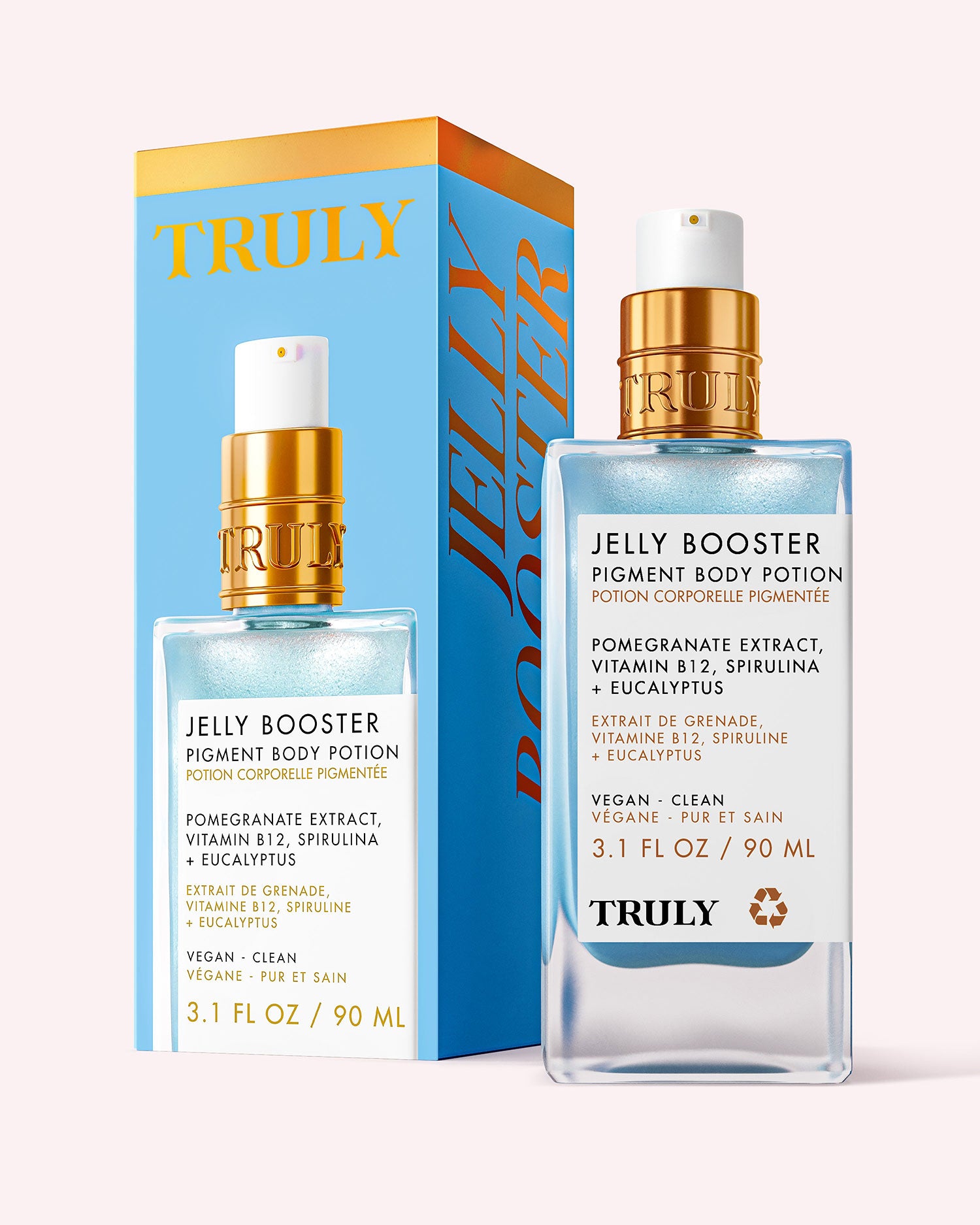 A blue and gold bottle of Truly Beauty’s Jelly Booster Pigment Body Potion stands before its box, with a label highlighting pomegranate extract—making it a standout hyperpigmentation serum ideal for fading acne scars.