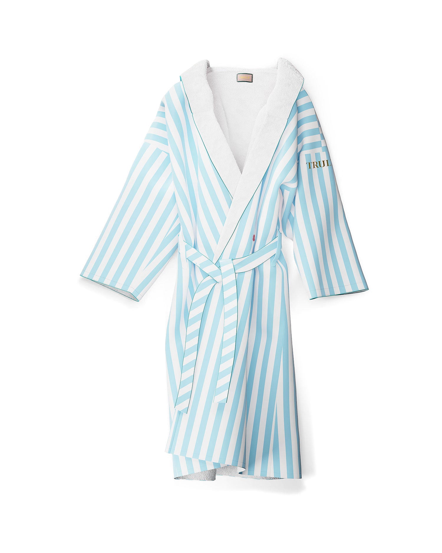 The Mykonos Luxury Robe by Truly Beauty features blue and white vertical stripes, a white collar and belt, cozy sherpa lining, and TRUTH embroidered in gold on the left sleeve near the shoulder. Displayed on a white background.
