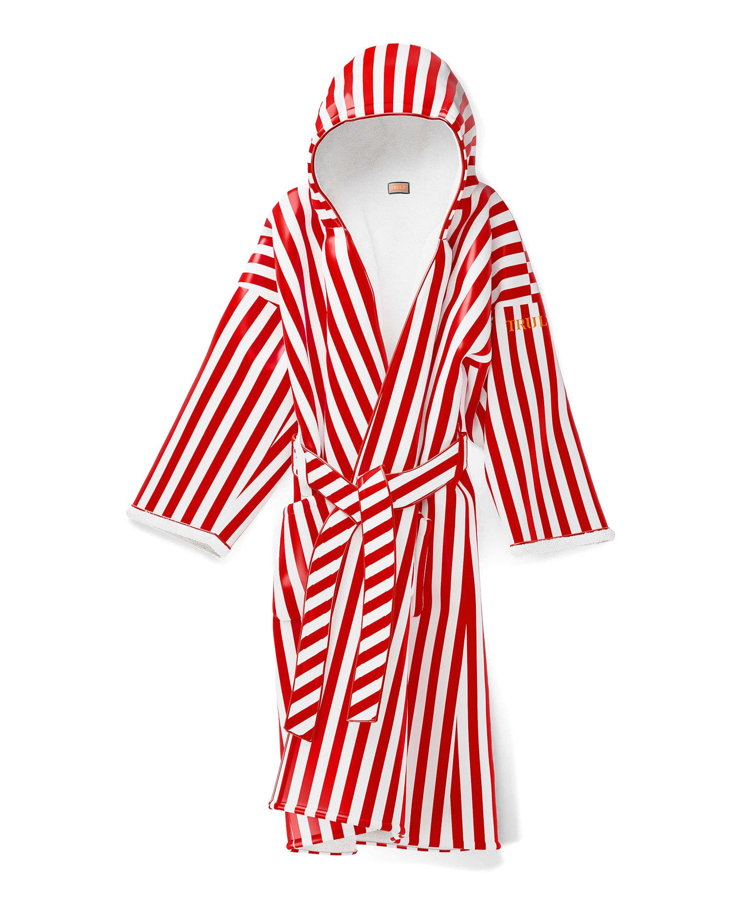 The Signature VIP Collection Bath Robe by Truly Beauty features bold red and white vertical stripes, a hood, long sleeves, cozy sherpa lining, a waist tie, and a patch on the left sleeve—all shown against a white background.