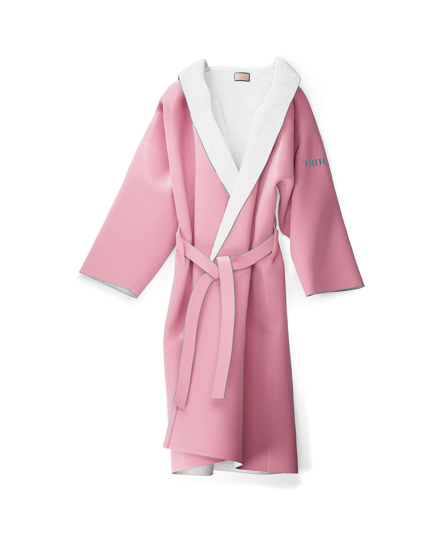 The Truly Beauty Signature Luxury Bathrobe is a pink robe with a white inner lining and sash, featuring “TRUTH” embroidered in blue on the left sleeve. Made from super soft polyester for premium comfort.