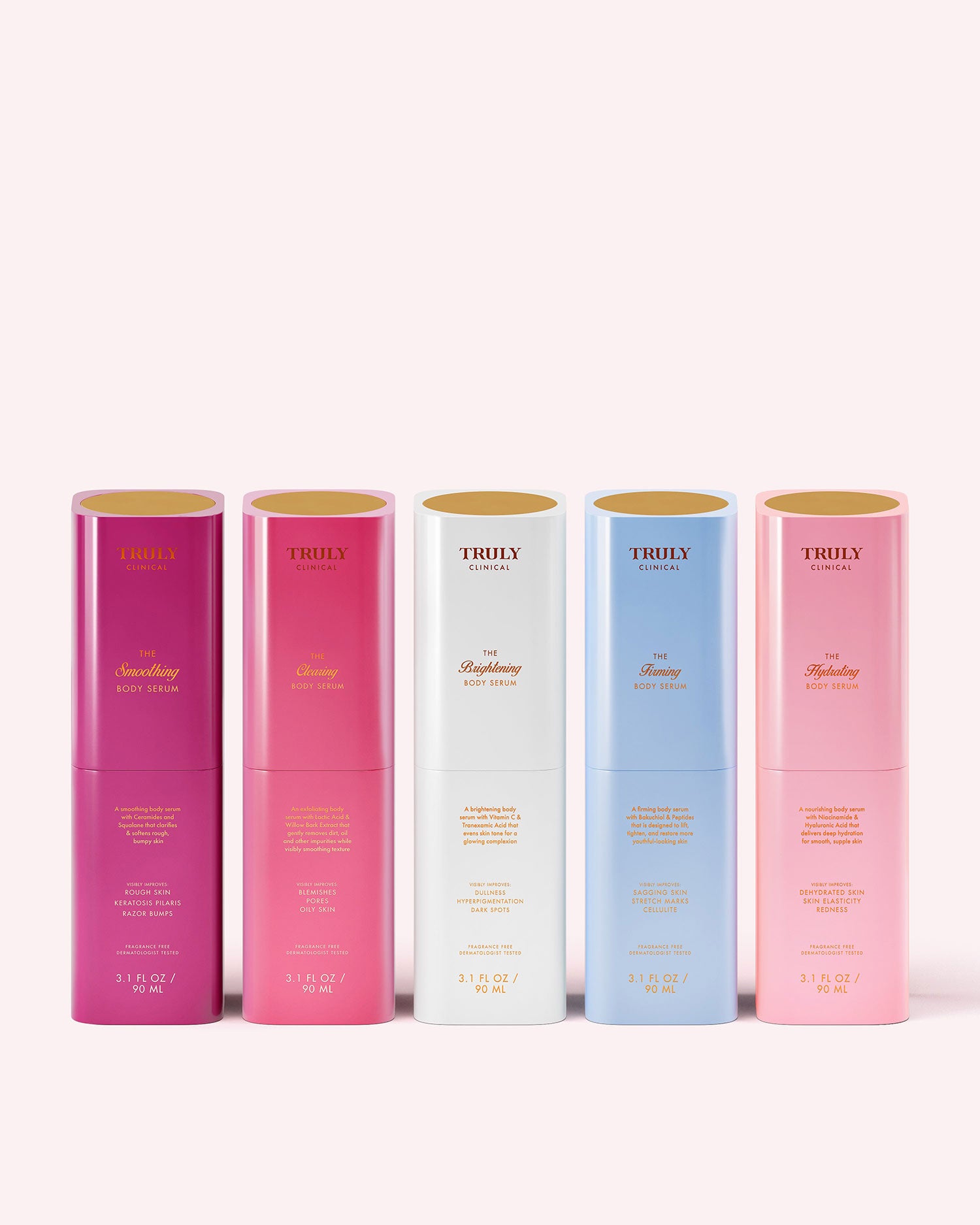 A tall, cylindrical pink bottle labeled “The Smoothing Body Serum” by Truly Beauty targets rough, bumpy skin and keratosis pilaris. It holds 3.1 fl oz (90 ml) and features gold and white text, standing upright on a light pink background.