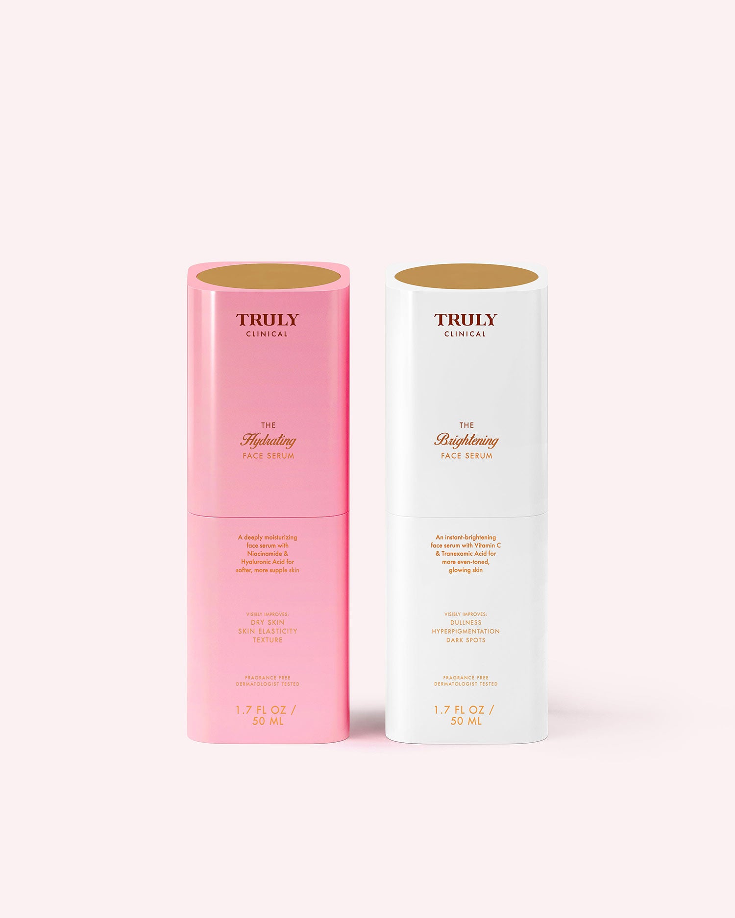 Two cylindrical bottles—one pink, one white—labeled TRULY BEAUTY’s The Face Serum Duo stand side by side against a light pink background. Each contains 1.7 fl oz (50 ml) of brightening serum for radiant skin.