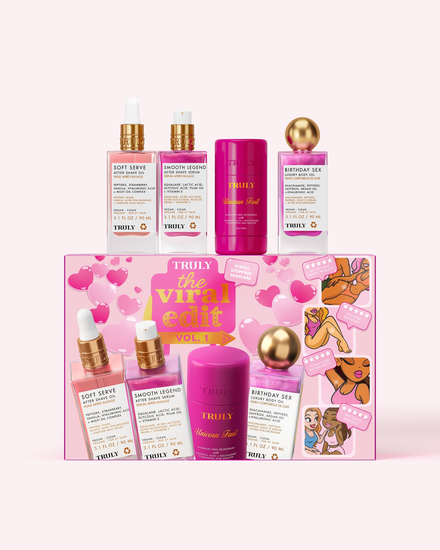 Truly Beauty’s The Viral Edit is a pink skincare gift set with four serums, a pink jar, and a gold ball. The packaging features illustrated women, hearts, stars, and spotlights brightening niacinamide.