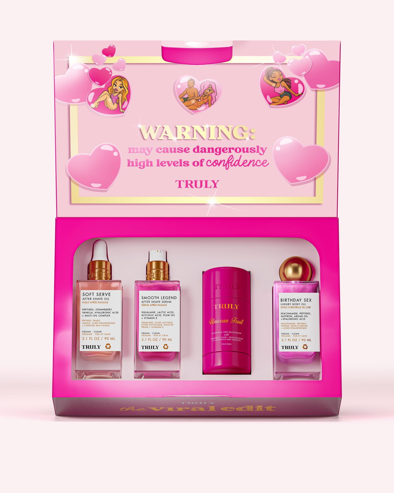 A pink gift box labeled “WARNING: may cause dangerously high levels of confidence” displays Truly Beauty’s The Viral Edit, featuring three brightening skincare products with niacinamide and glycolic acid, and one deodorant, surrounded by heart graphics.
