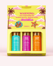 Ultimate Body Sculpting Kit gift box featuring Lipo Torch, Easy Tiger, and Laser Spot body serums, with cartoon illustrations and text about jealous looks on the inner lid.