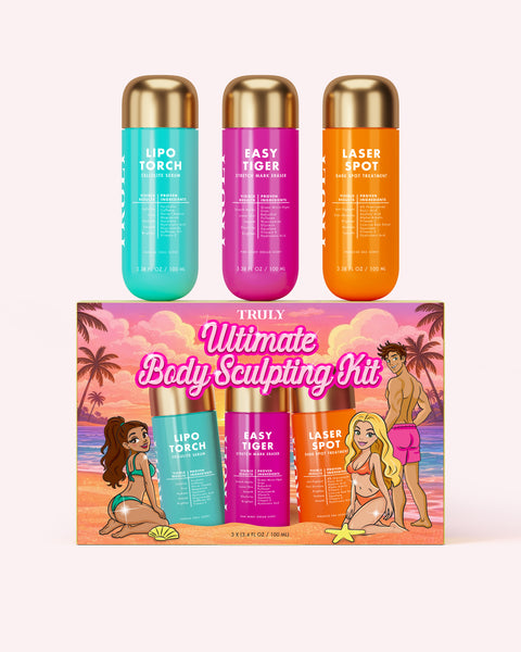 The Truly Beauty Ultimate Body Sculpting Kit includes three serum bottles labeled Lipo Torch, Easy Tiger, and Laser Spot arranged above a box set featuring the same products with illustrated characters on a beach.