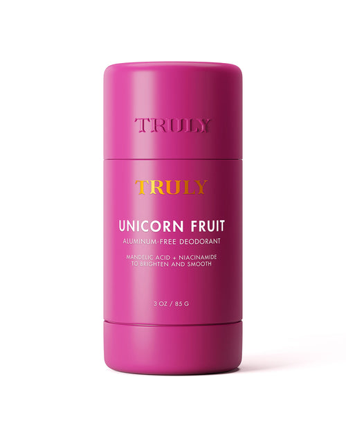 Pink deodorant stick with 'Truly' branding on a white background