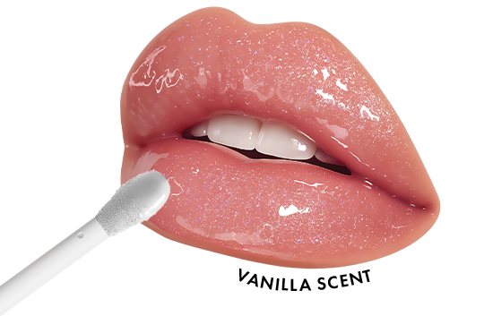 Close-up of glossy pink lips coated with Truly Lip Oil, slightly parted to reveal white teeth. The shimmering finish reflects light, creating a star-shaped glint on the right side.