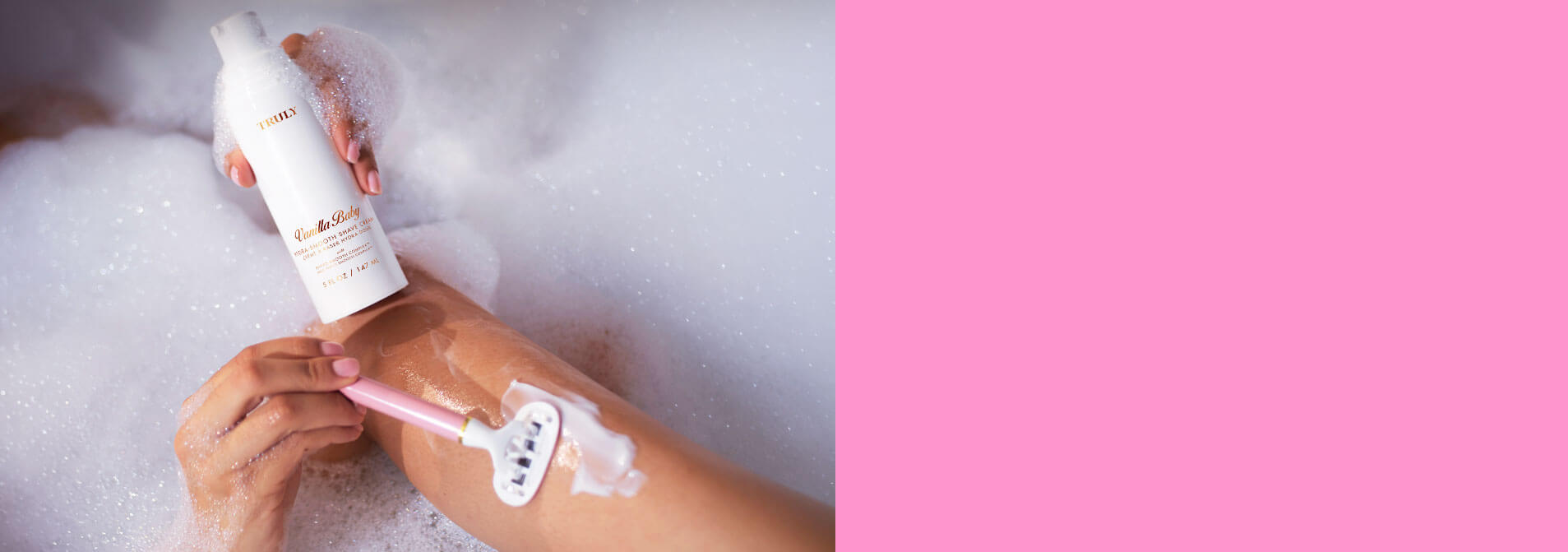 A split-screen lifestyle image showing a person shaving with a pink razor and white shaving cream in a foamy bath on the left, and a solid pink block on the right. The product bottle on the left appears to be a white body wash or bath product labeled 'Body Soak'.