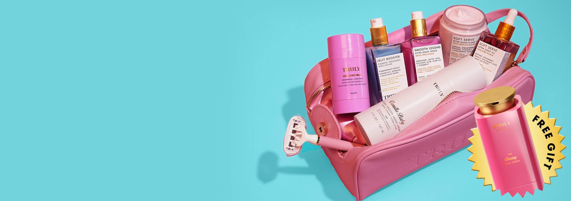 Pink beauty bag with various skincare products for spring clearing 20% off and free Gift