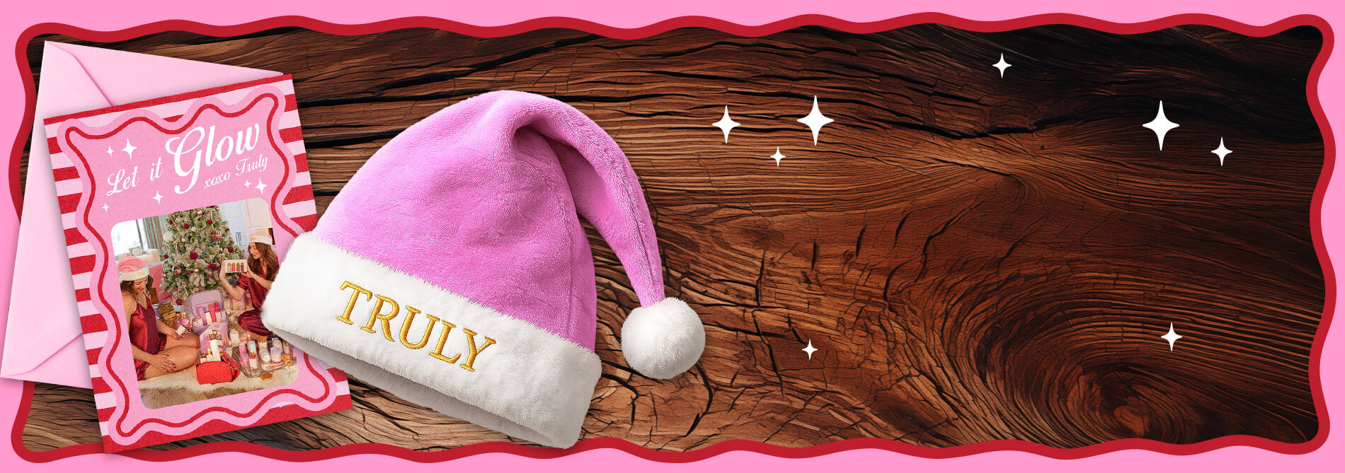 Free Pink Santa hat with 'TRULY' text on it on purchase of 75+