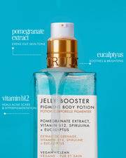 A bottle of Truly Beauty’s Jelly Booster Pigment Body Potion is shown against a blue background, highlighting pomegranate extract, eucalyptus, and vitamin B12 to help fade acne scars.