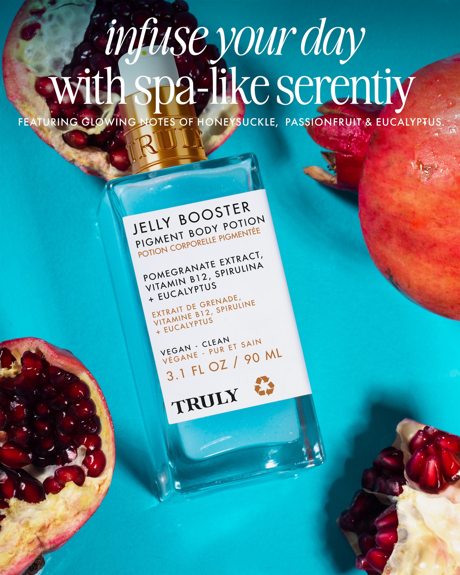 A bottle of Truly Beauty Jelly Booster Pigment Body Potion rests on a bright pink surface, surrounded by fresh pomegranate halves and seeds, with text above highlighting spa-like serenity, natural ingredients, and potent pomegranate extract for glowing skin.