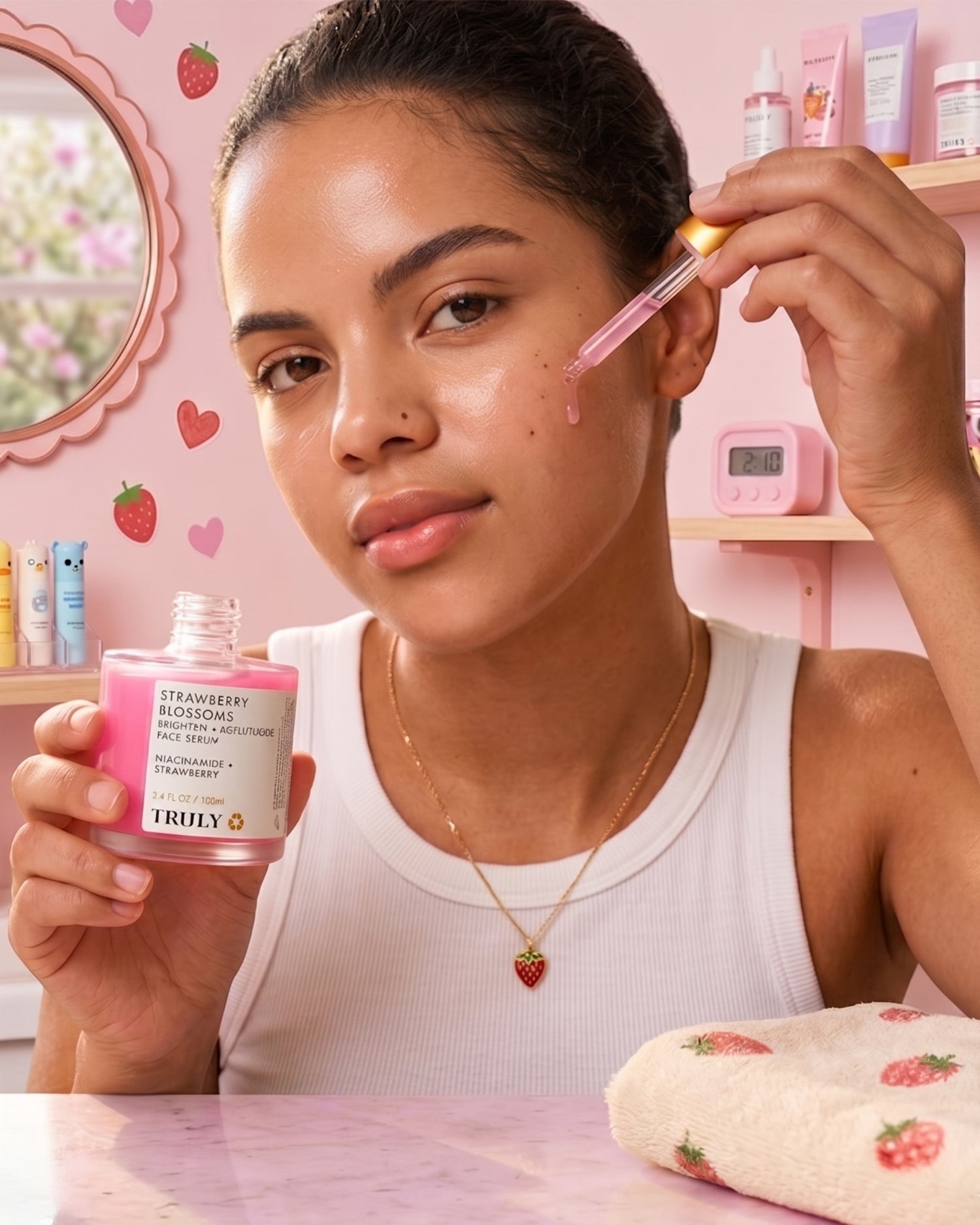 A woman applies Truly Beauty’s Strawberry Blossoms Brighten + Retexturize Face Serum—formulated with niacinamide and strawberry extract—to her cheek using a dropper, holding the bottle in a pink-themed bathroom surrounded by skincare products, making it an ideal choice for those wanting to brighten their skin.